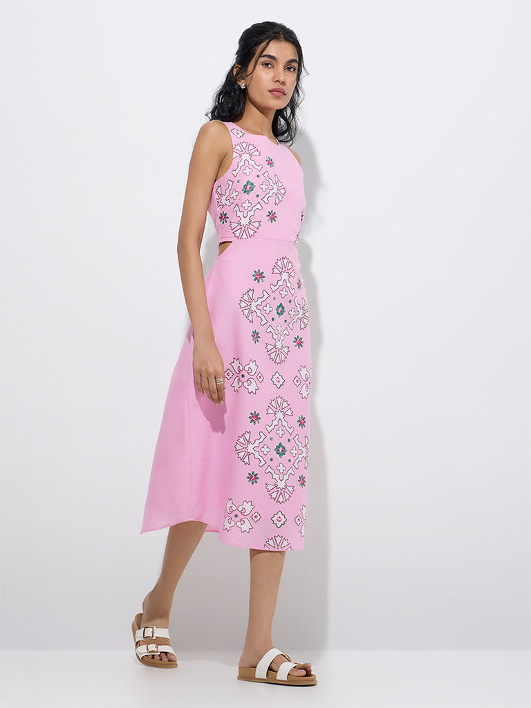 Westside Bombay Paisley Women's Pink Printed Cotton-Blend A-Line Dress for Everyday Full Model View