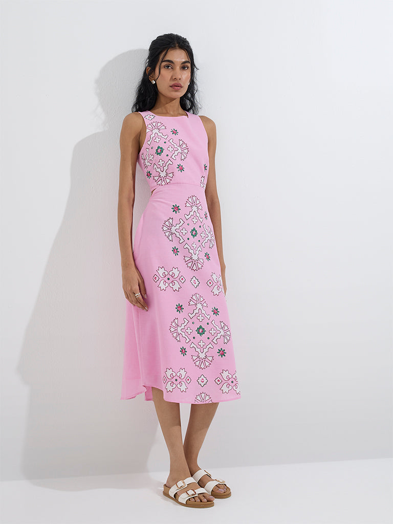 Westside Bombay Paisley Women's Pink Printed Cotton-Blend A-Line Dress for Everyday Front  View