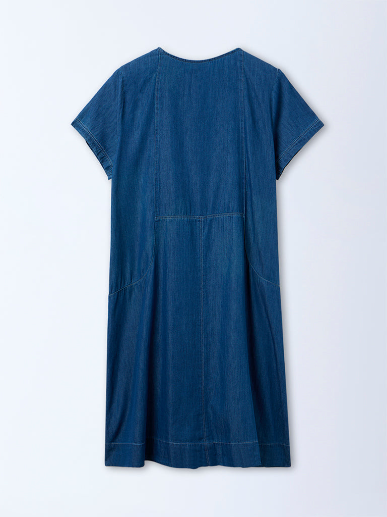Gia Blue Solid Stitch-Detailed Denim A-Line Dress