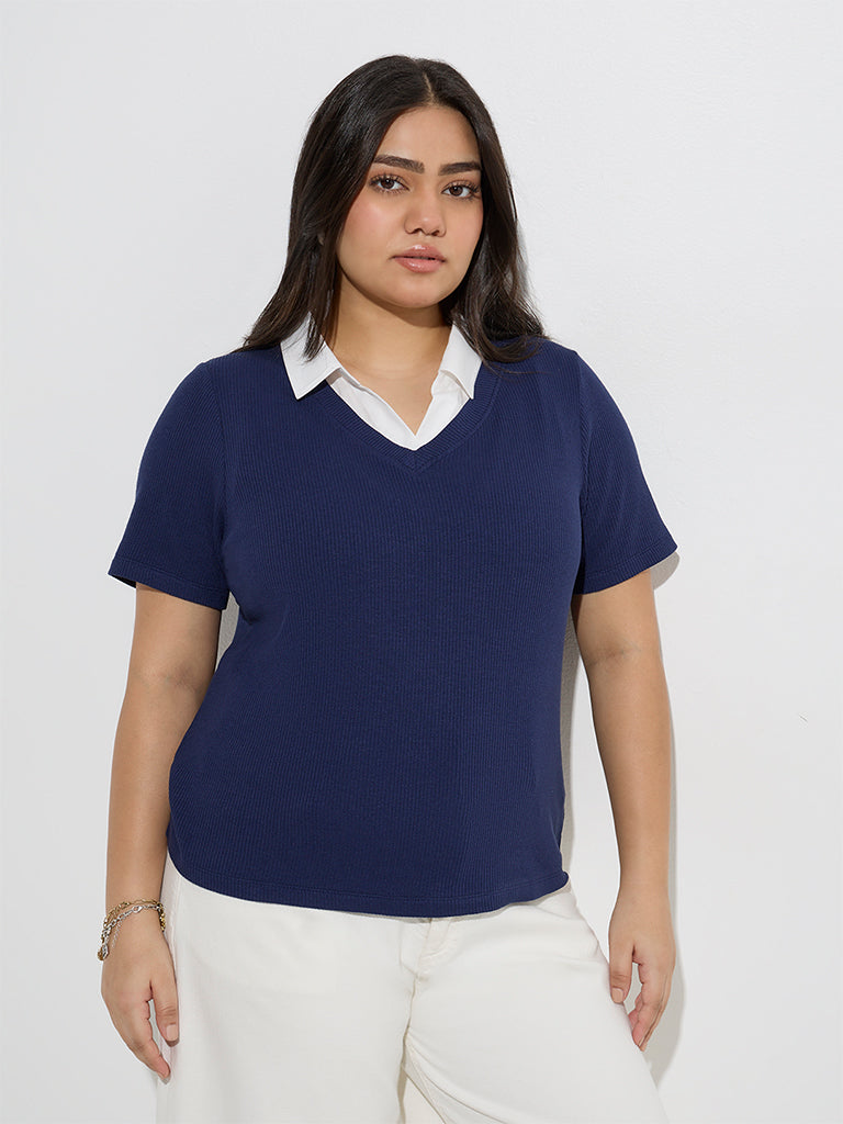 Westside Gia Women's Navy Ribbed-Textured T-Shirt for Casual Wear Front View