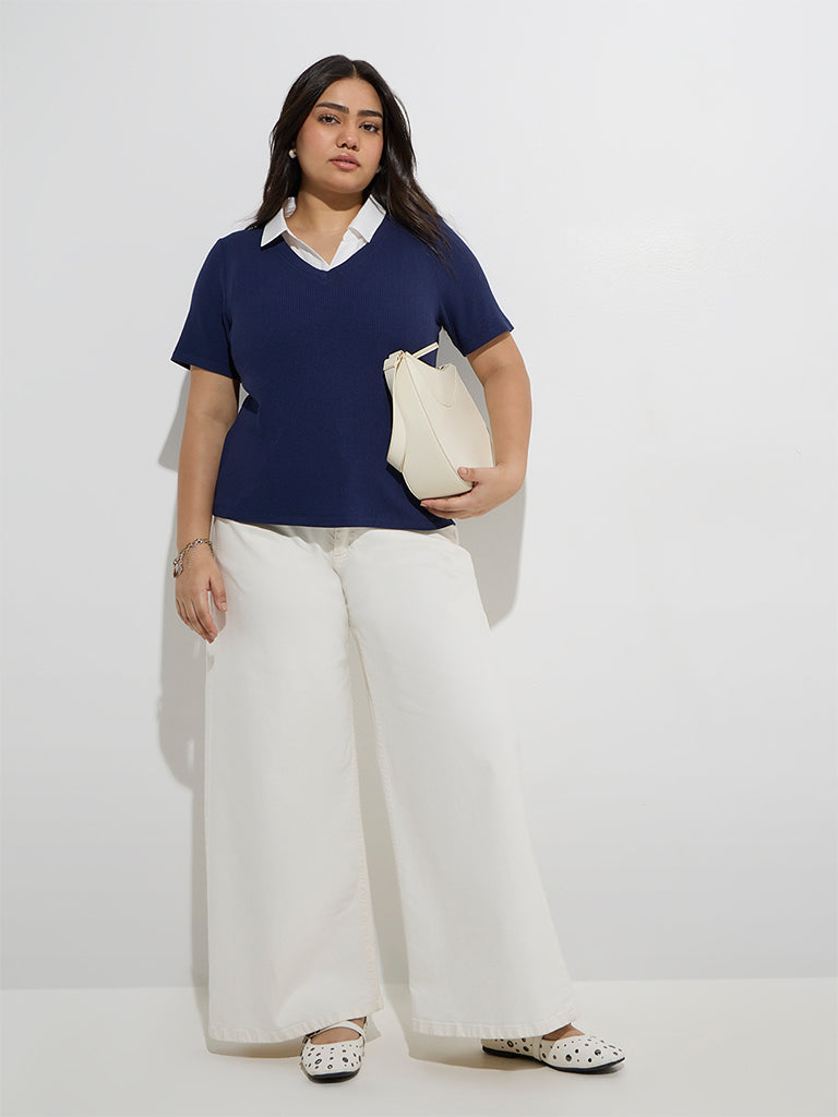 Westside Gia Women's Navy Ribbed-Textured T-Shirt for Casual Wear Full View