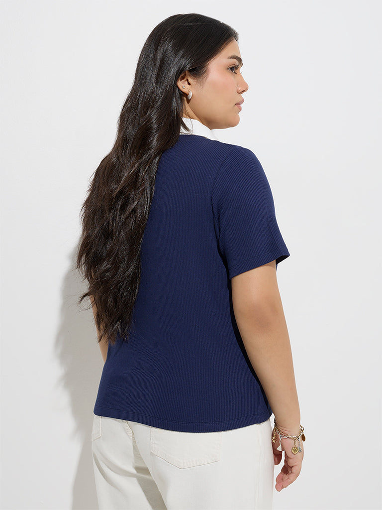 Westside Gia Women's Navy Ribbed-Textured T-Shirt for Casual Wear Back View