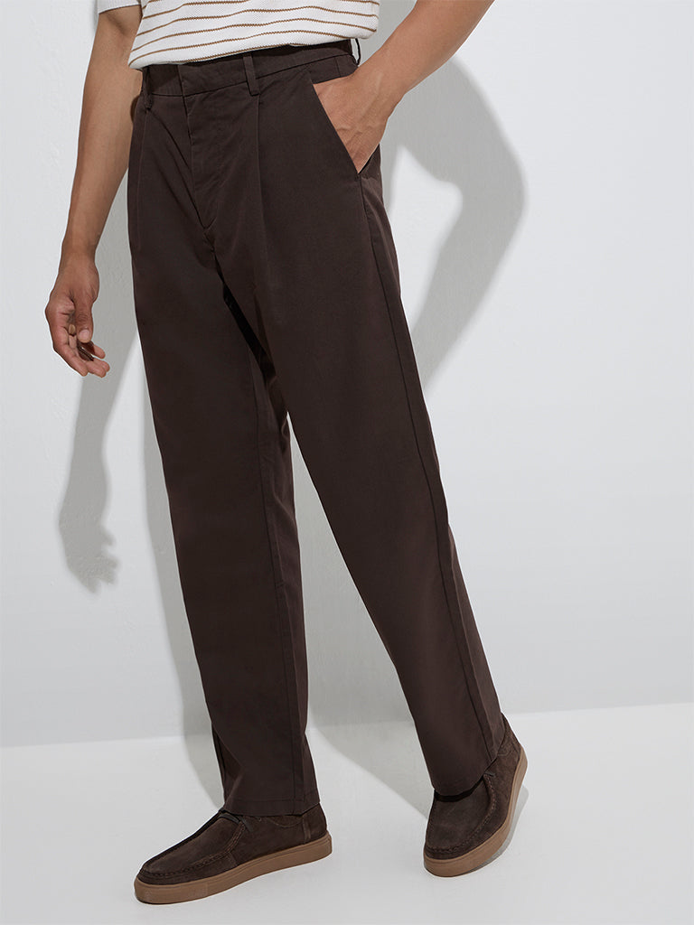 Westside Ascot Men's Brown Relaxed-Fit Mid-Rise Cotton-Blend Chinos for Casual Wear Front View