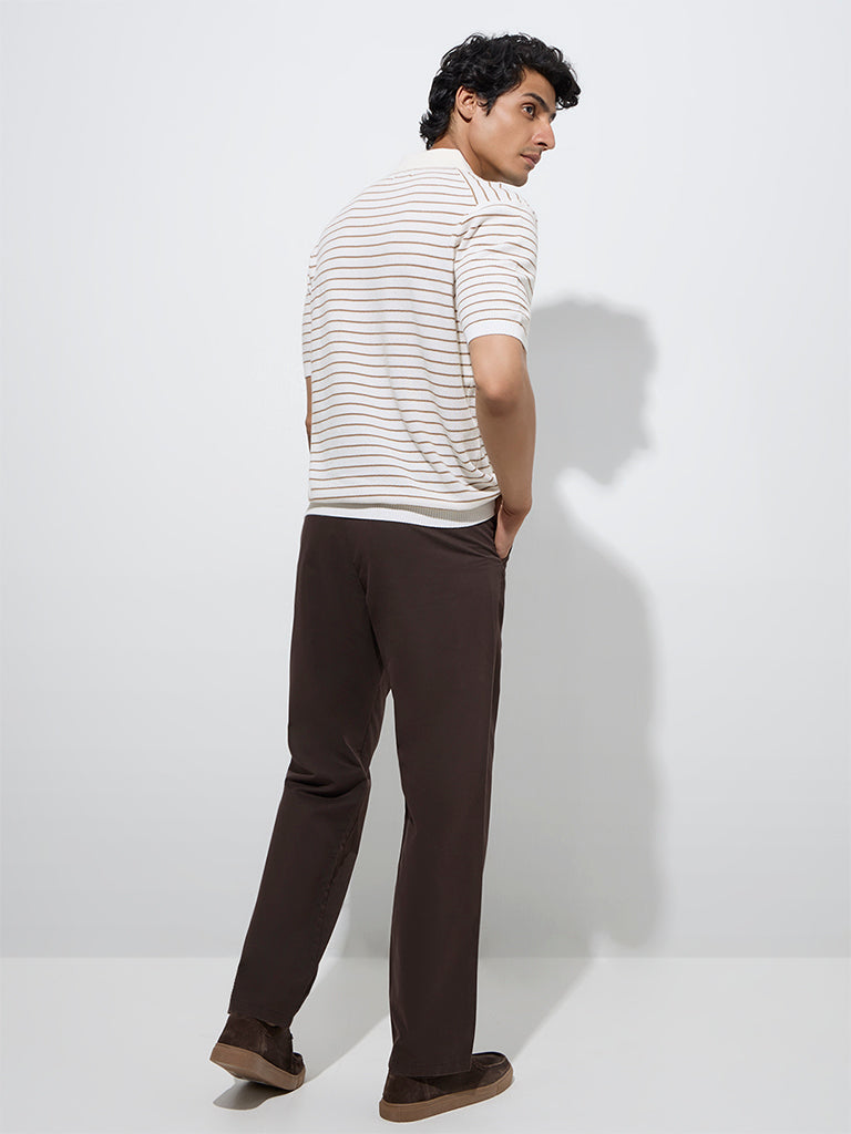 Westside Ascot Men's Brown Relaxed-Fit Mid-Rise Cotton-Blend Chinos for Casual Wear Back View