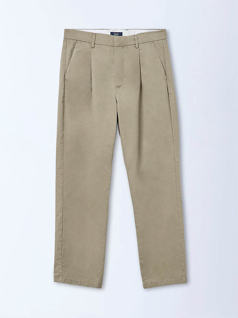 Ascot Light Taupe Mid-Rise Relaxed Fit Cotton-Blend Trousers