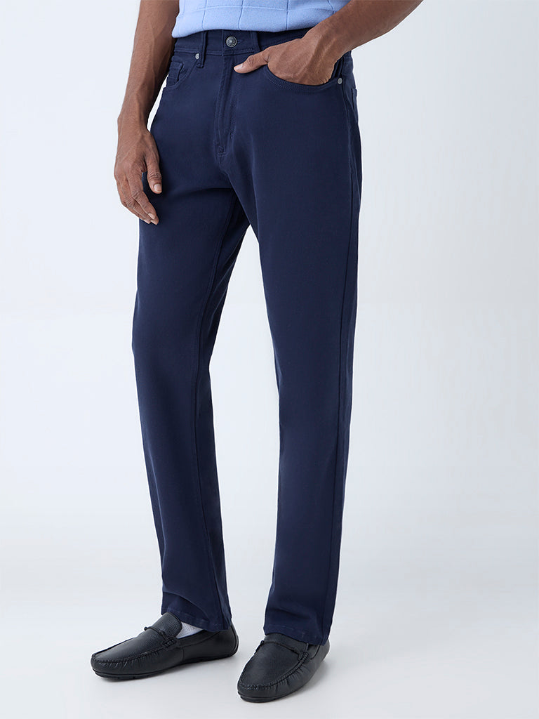 Westside Ascot Men's Dark Blue Relaxed-Fit Mid-Rise Trousers for Casual Wear Front View