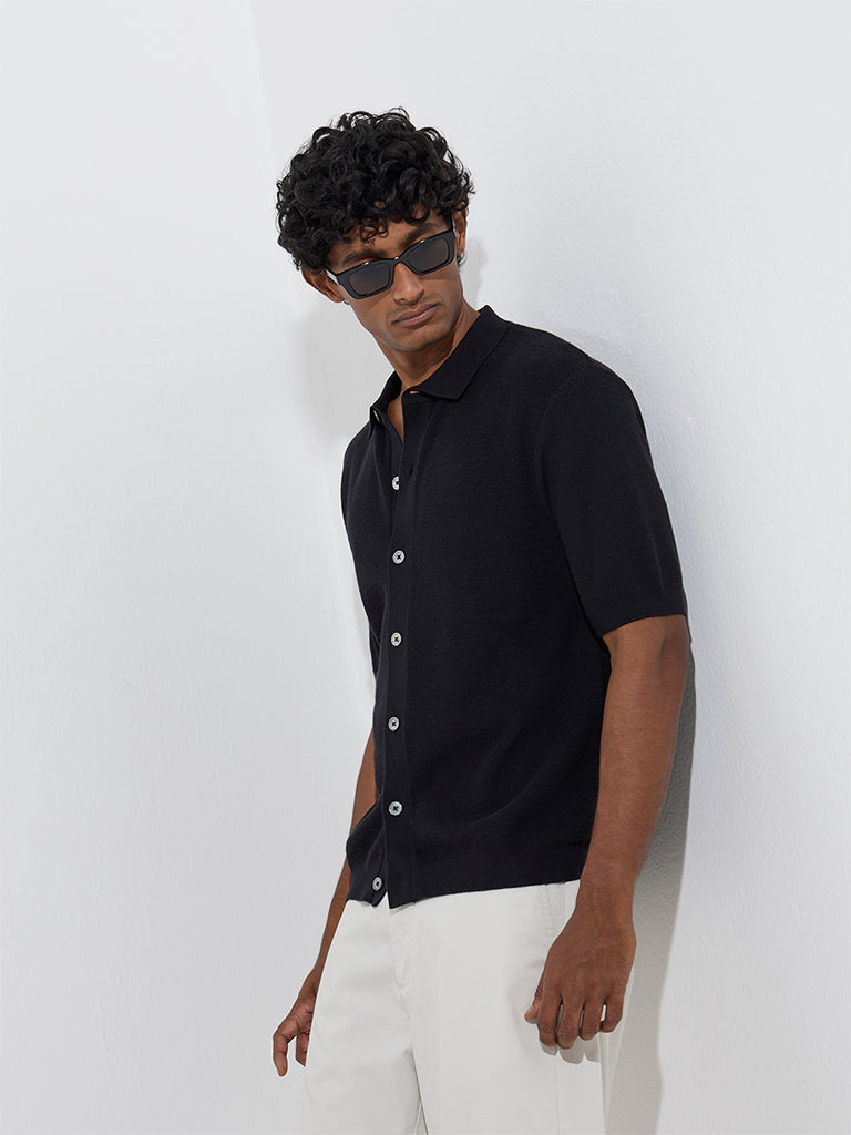Ascot Black Knit-Textured Relaxed-Fit Cotton-Blend Shirt