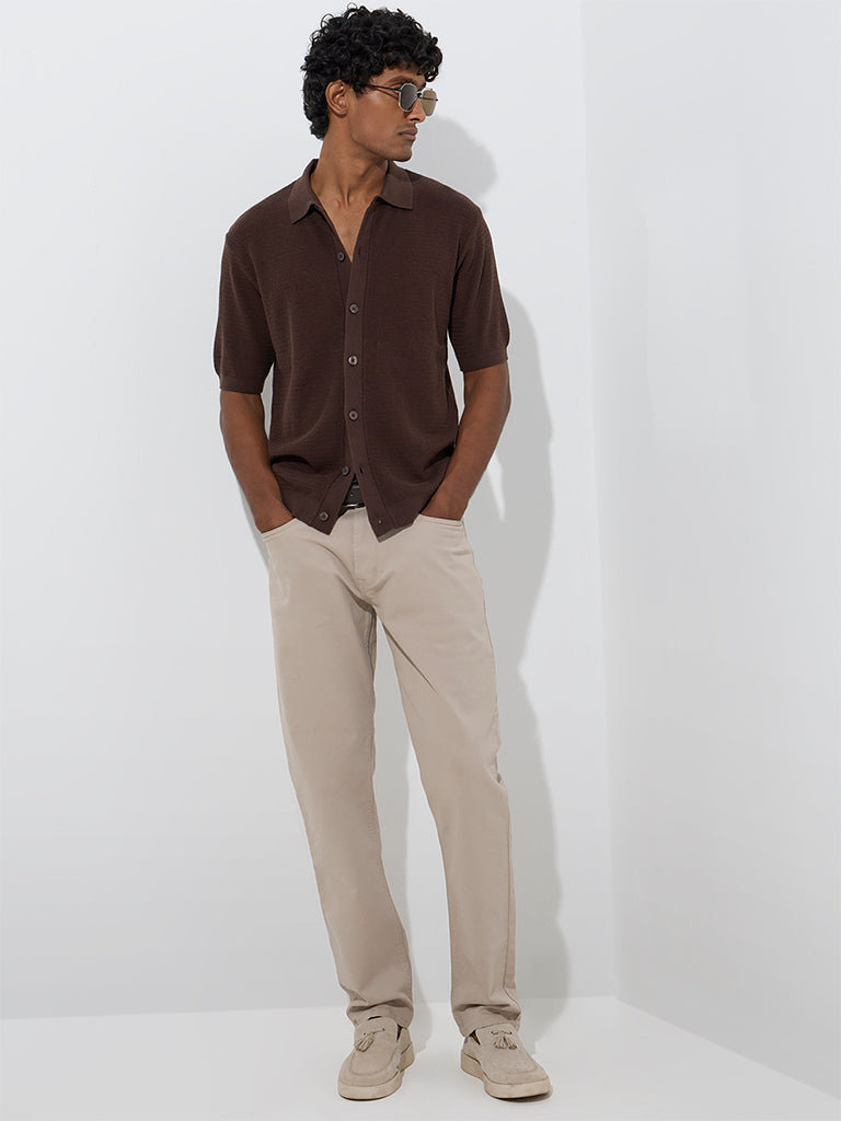 Ascot Brown Knit-Textured Relaxed-Fit Cotton-Blend Shirt
