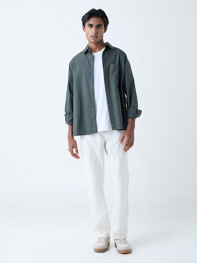 Westside WES Casuals Men's Dark Green Solid Relaxed-Fit Cotton Shirt for Casual Wear Full View