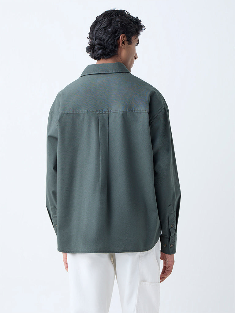 Westside WES Casuals Men's Dark Green Solid Relaxed-Fit Cotton Shirt for Casual Wear Back View