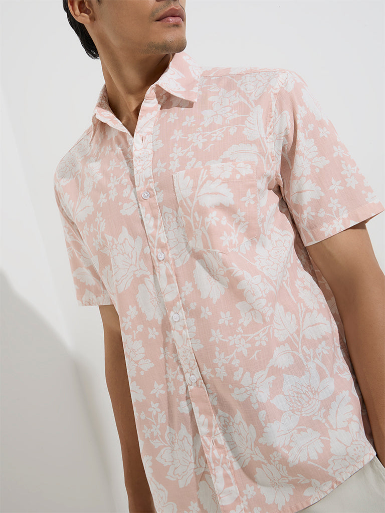Westside WES Casuals Men's Pink Floral Design Relaxed-Fit Cotton Shirt for Casual Wear Zoomed View