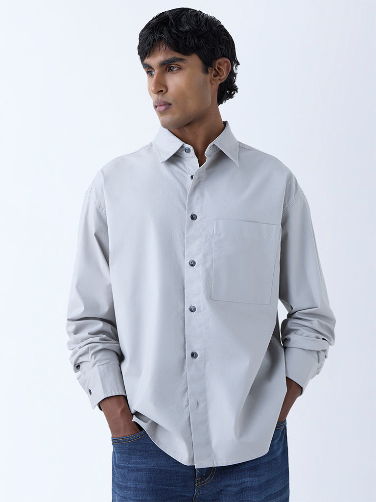 Westside WES Casuals Men's Grey Solid Relaxed-Fit Cotton Shirt for Casual Wear Front View