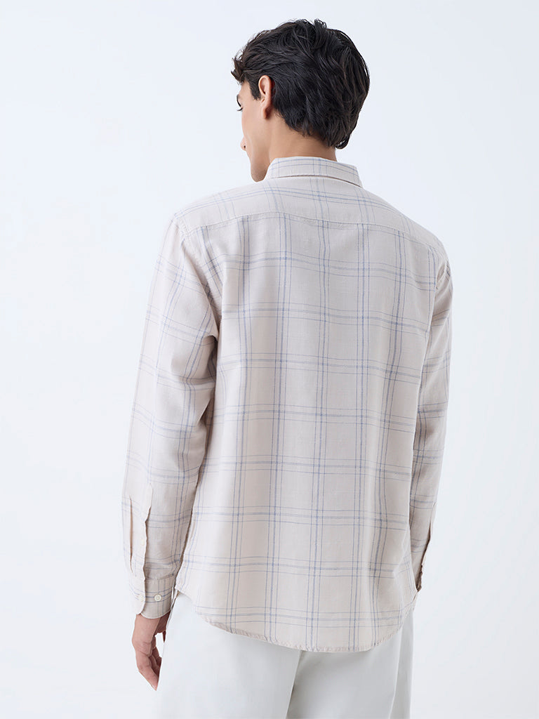 Westside WES Casuals Men's Beige Checkered Relaxed-Fit Cotton-Blend Shirt for Casual Wear Back View