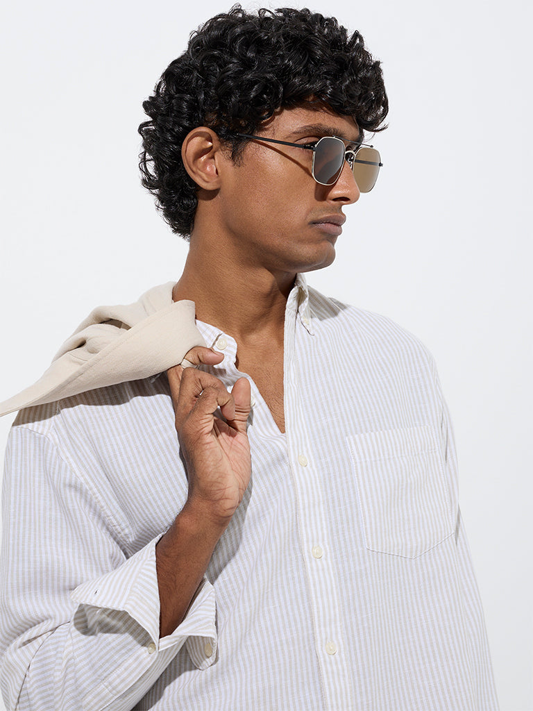 Westside WES Casuals Men's Beige Stripe Relaxed-Fit Cotton-Blend Shirt for Casual Wear Zoom View