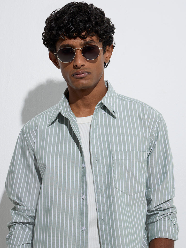 WES Casuals Sage Striped Relaxed-Fit Cotton Shirt