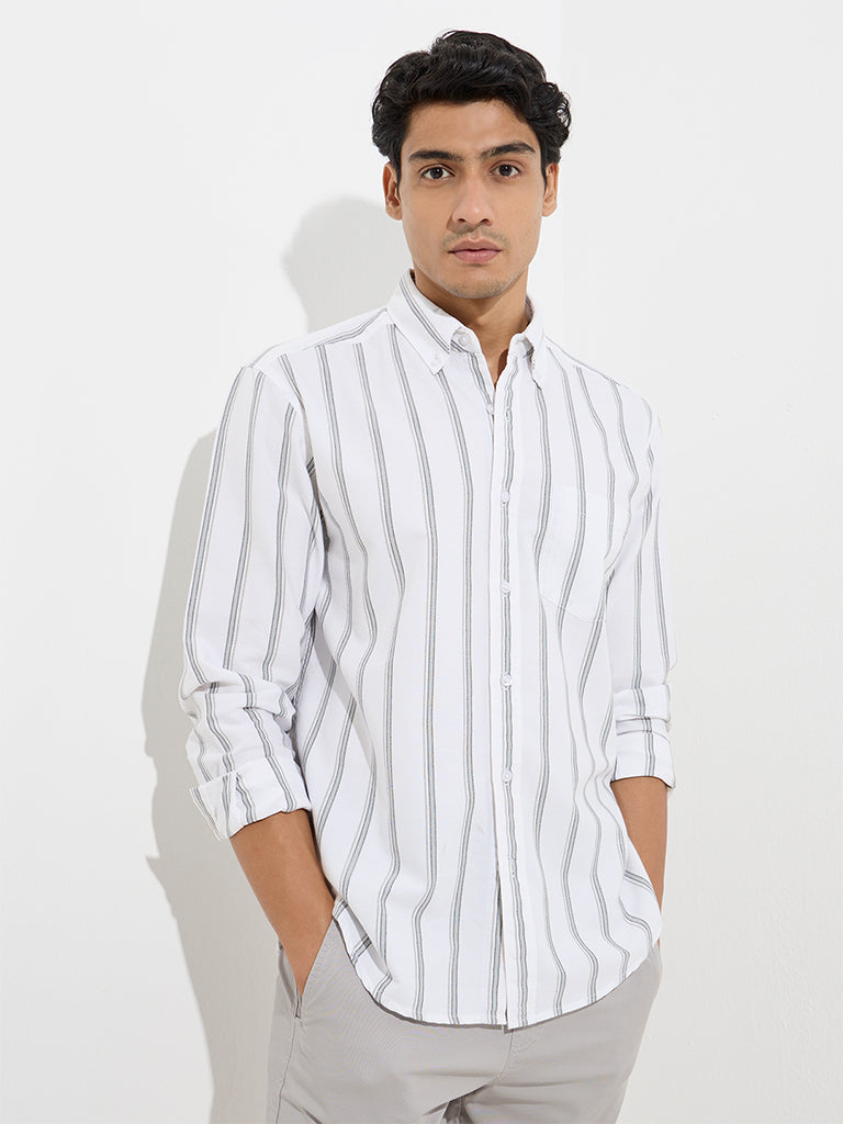 Westside WES Casuals Men's White Stripe Pattern Relaxed-Fit Cotton Shirt for Casual Wear Front View