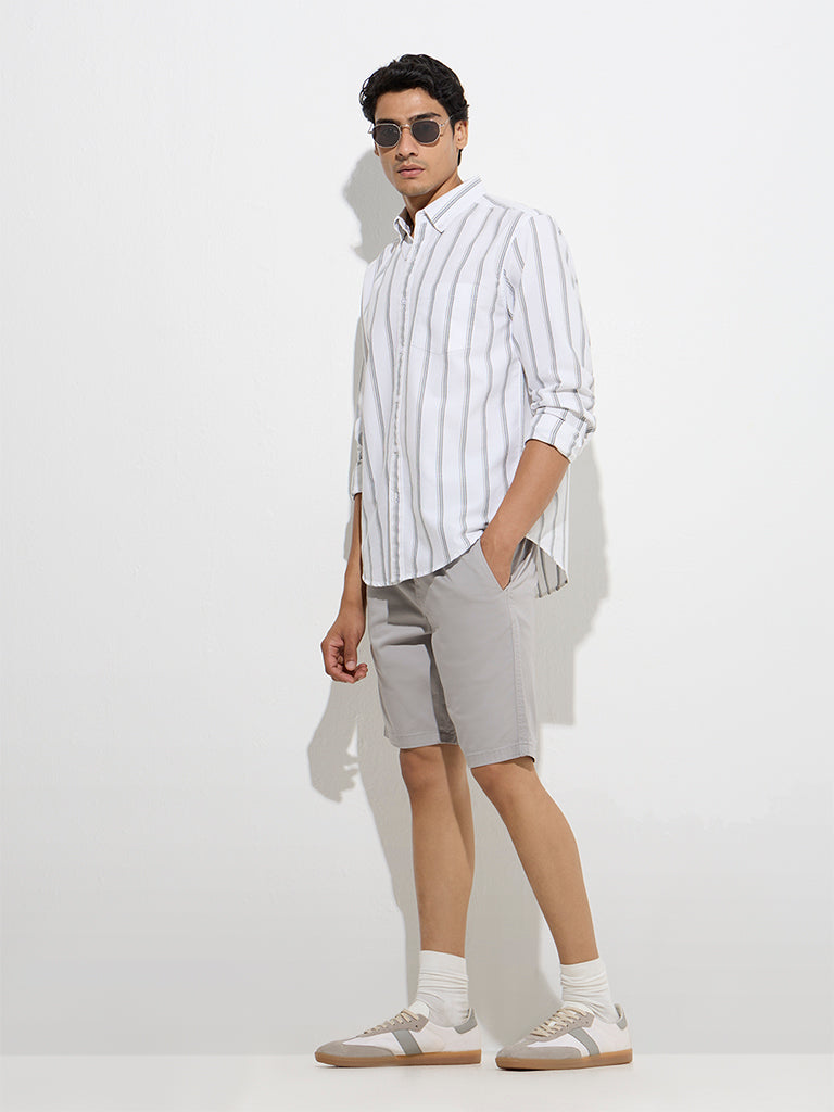 Westside WES Casuals Men's White Stripe Pattern Relaxed-Fit Cotton Shirt for Casual Wear Full Model View