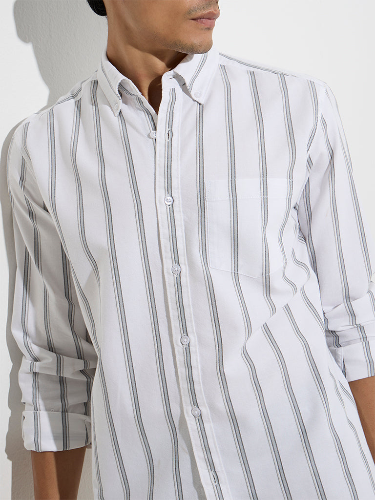Westside WES Casuals Men's White Stripe Pattern Relaxed-Fit Cotton Shirt for Casual Wear Zoom View