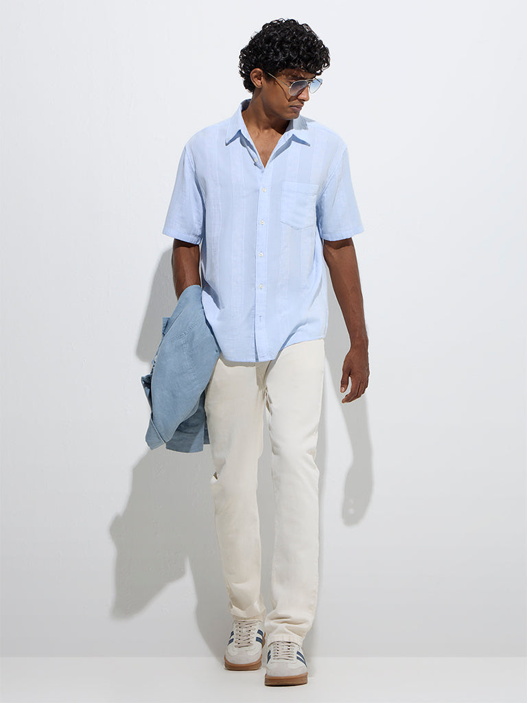 Westside WES Casuals Men's Light Blue Striped Relaxed-Fit Cotton Shirt for Casual Wear Full View