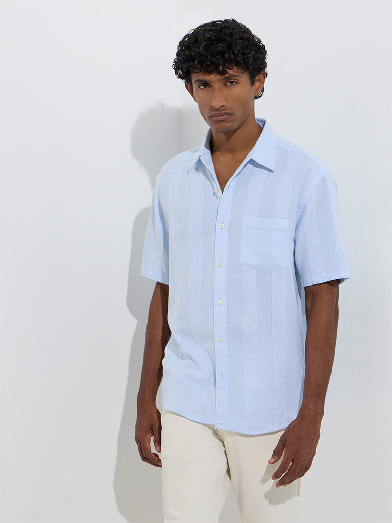 Westside WES Casuals Men's Light Blue Striped Relaxed-Fit Cotton Shirt for Casual Wear Front View
