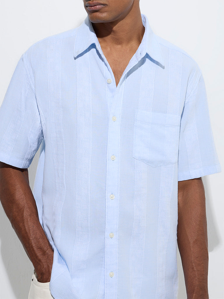 Westside WES Casuals Men's Light Blue Striped Relaxed-Fit Cotton Shirt for Casual Wear Zoomed View