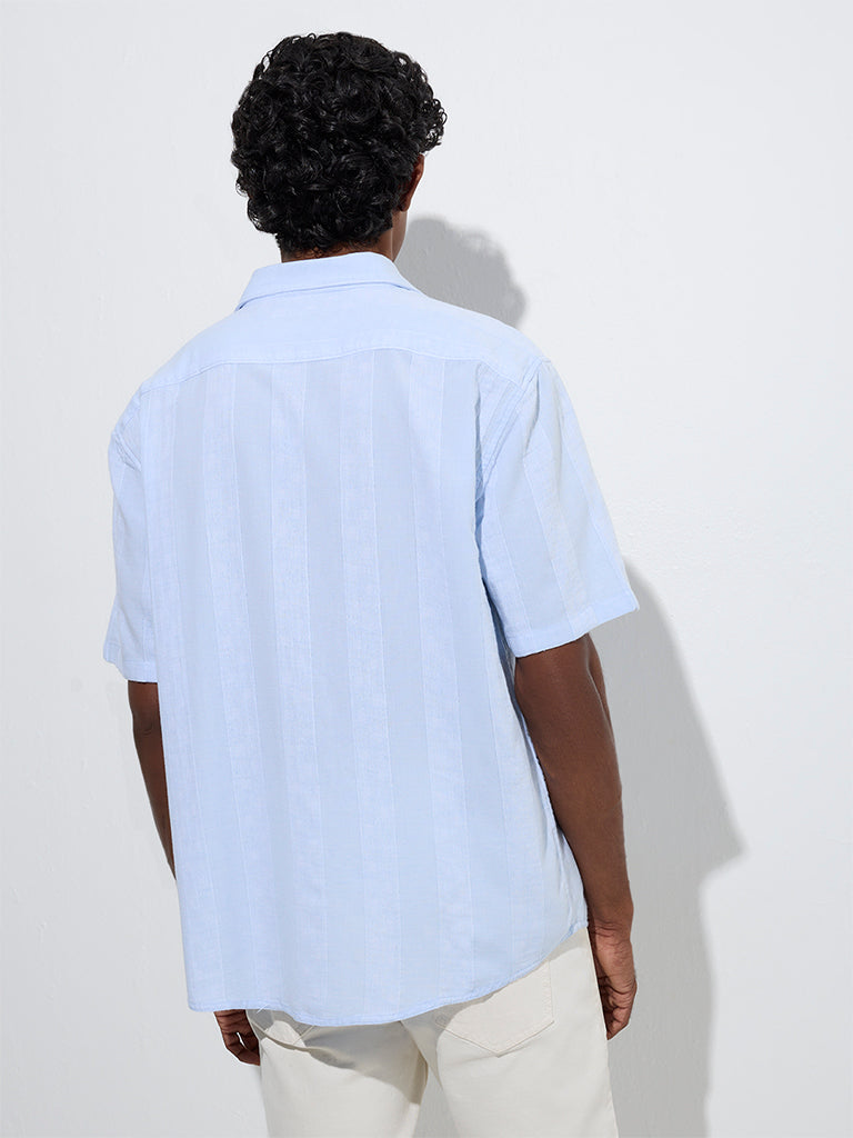 Westside WES Casuals Men's Light Blue Striped Relaxed-Fit Cotton Shirt for Casual Wear Back View