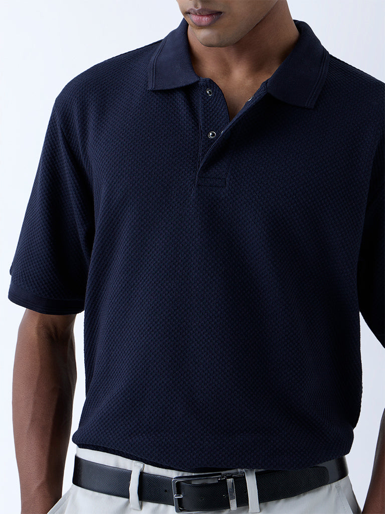 Westside WES Casuals Men's Navy Popcorn Textured Relaxed-Fit Polo T-Shirt for Casual Wear Zoomed View