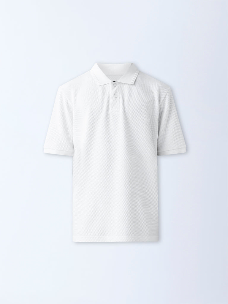 Westside WES Casuals Men's White Textured Relaxed-Fit Polo T-Shirt for Casual Wear Flatly