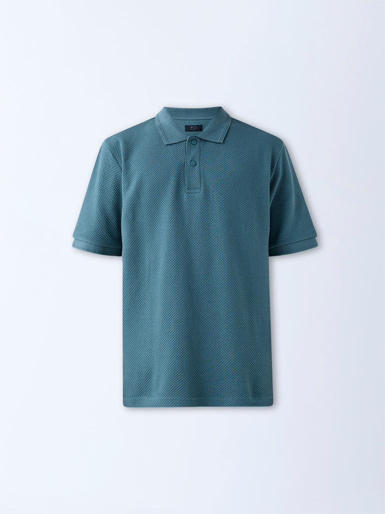 Westside WES Casuals Men's Teal Popcorn-Textured Relaxed-Fit Polo T-Shirt for Casual Wear Flatly