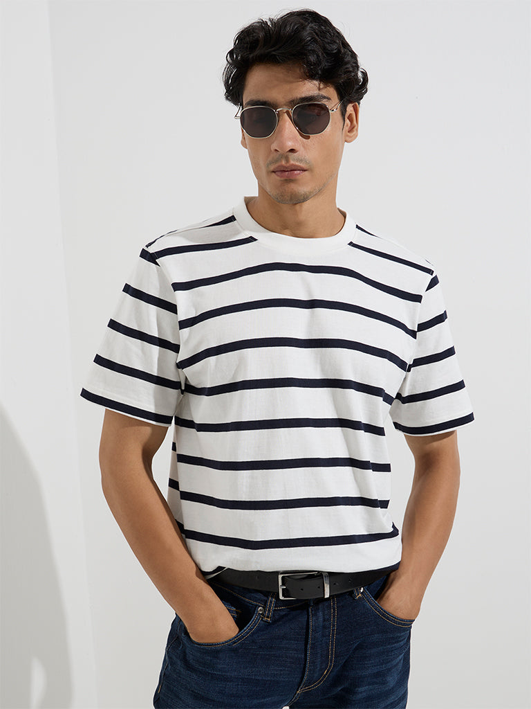 Westside WES Casuals Men's White Stripe Relaxed-Fit Cotton T-Shirt for Casual Wear Front View