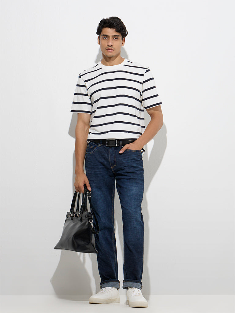 Westside WES Casuals Men's White Stripe Relaxed-Fit Cotton T-Shirt for Casual Wear Full Model View