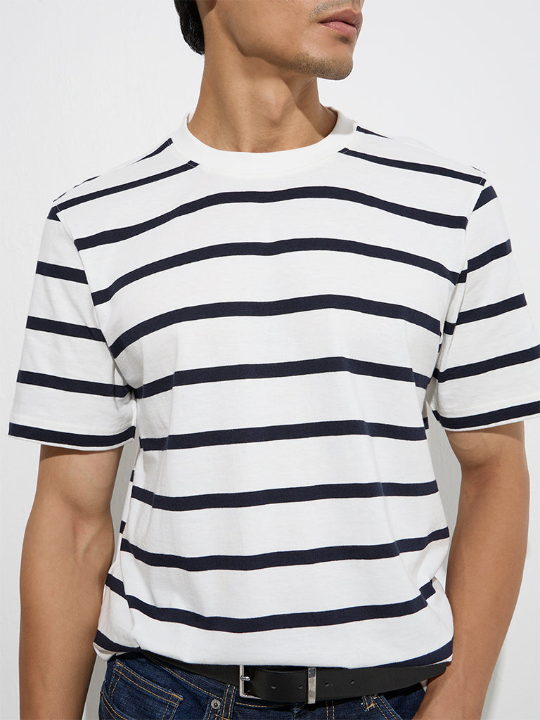 Westside WES Casuals Men's White Stripe Relaxed-Fit Cotton T-Shirt for Casual Wear Zoom View