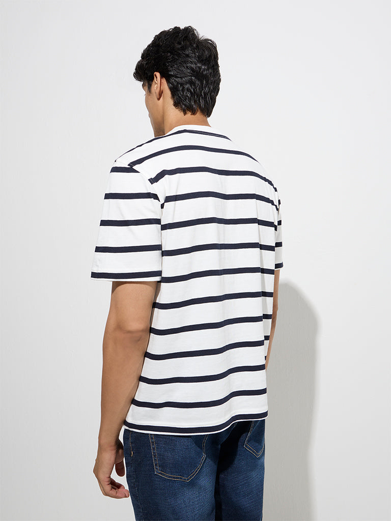 Westside WES Casuals Men's White Stripe Relaxed-Fit Cotton T-Shirt for Casual Wear Back View