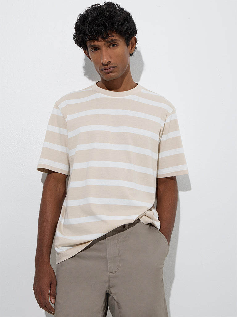 Westside WES Casuals Men's Beige Striped Relaxed-Fit Cotton T-Shirt for Casual Wear Front View