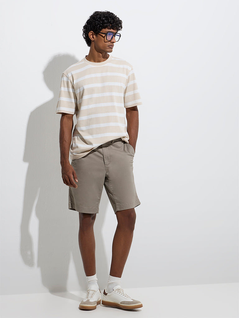 Westside WES Casuals Men's Beige Striped Relaxed-Fit Cotton T-Shirt for Casual Wear Full Model View