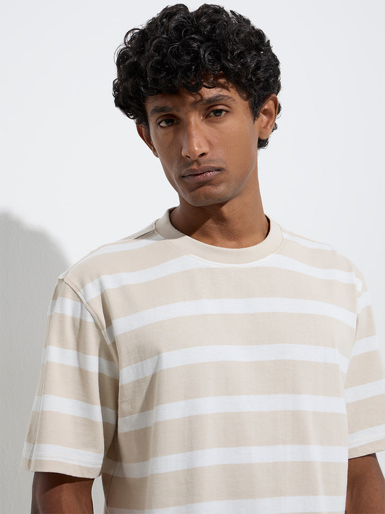 Westside WES Casuals Men's Beige Striped Relaxed-Fit Cotton T-Shirt for Casual Wear Zoom View