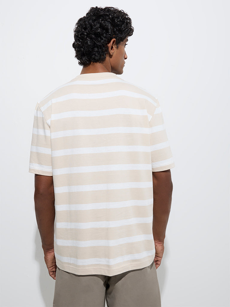 Westside WES Casuals Men's Beige Striped Relaxed-Fit Cotton T-Shirt for Casual Wear Back View