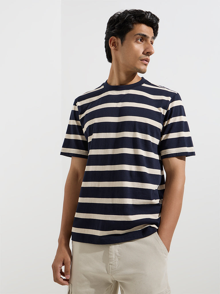 Westside WES Casuals Men's Navy Stripe Pattern Relaxed-Fit Cotton T-Shirt for Casual Wear Front View