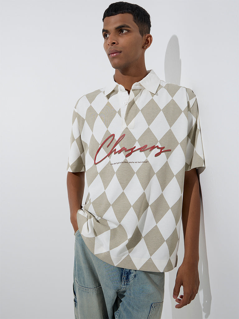 Nuon Taupe Diamond Checkered Relaxed-Fit Cotton-Blend Polo T-Shirt