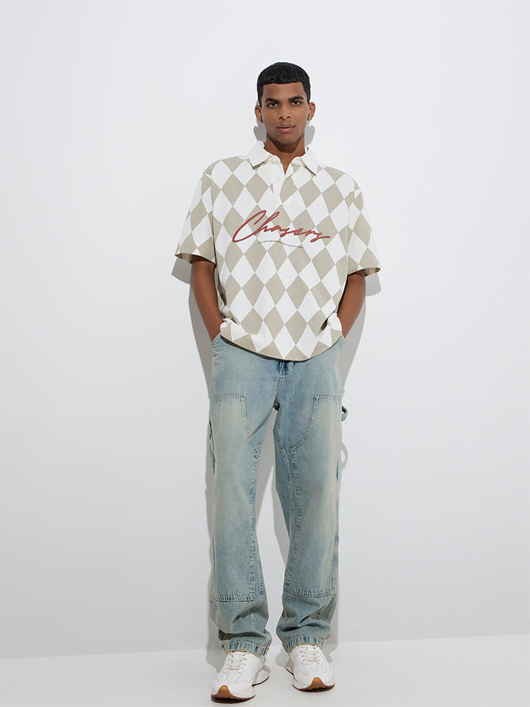 Nuon Taupe Diamond Checkered Relaxed-Fit Cotton-Blend Polo T-Shirt