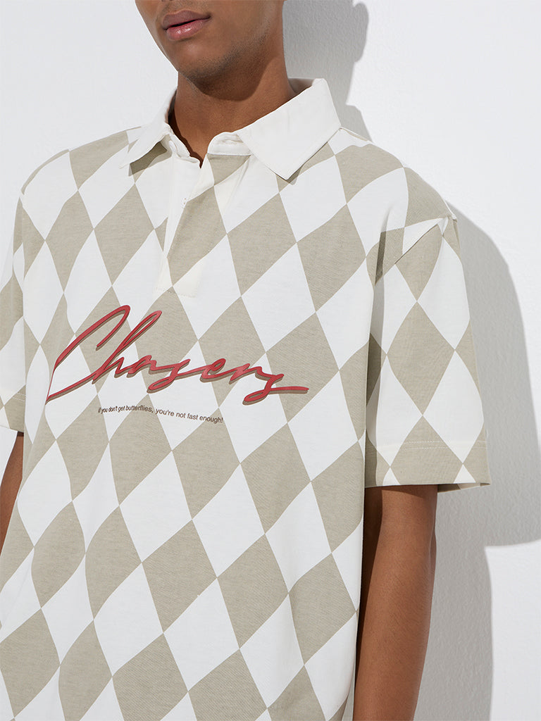 Nuon Taupe Diamond Checkered Relaxed-Fit Cotton-Blend Polo T-Shirt