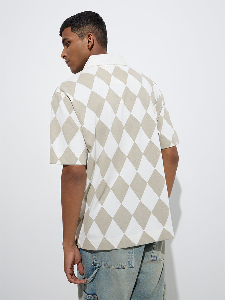 Nuon Taupe Diamond Checkered Relaxed-Fit Cotton-Blend Polo T-Shirt