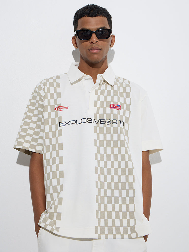 Nuon White Geometric Design Relaxed-Fit Cotton-Blend Polo T-Shirt