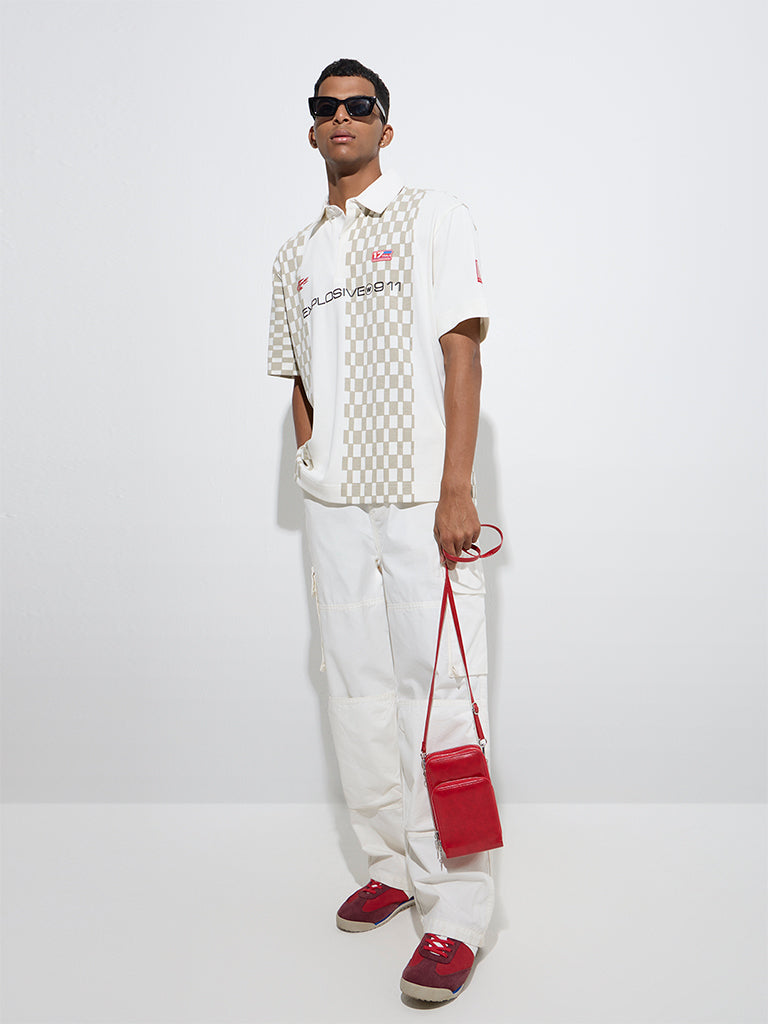 Nuon White Geometric Design Relaxed-Fit Cotton-Blend Polo T-Shirt