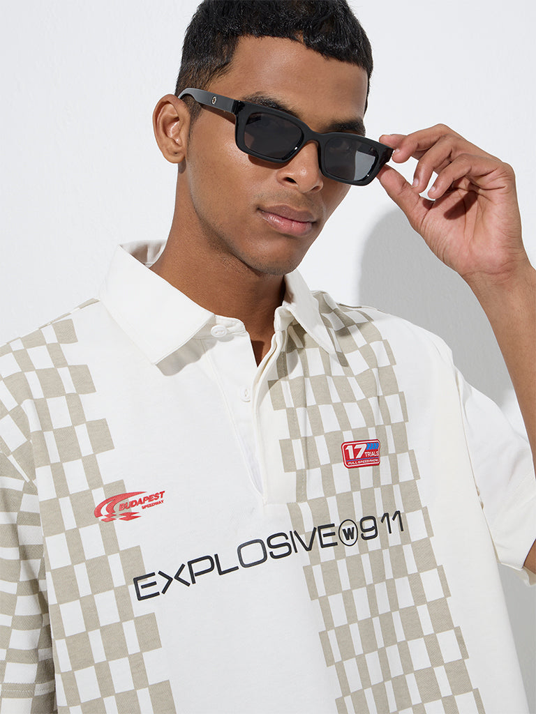 Nuon White Geometric Design Relaxed-Fit Cotton-Blend Polo T-Shirt