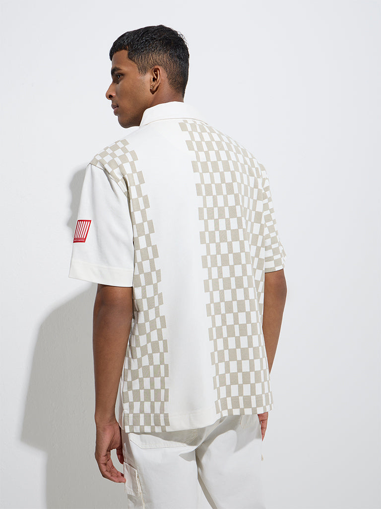 Nuon White Geometric Design Relaxed-Fit Cotton-Blend Polo T-Shirt