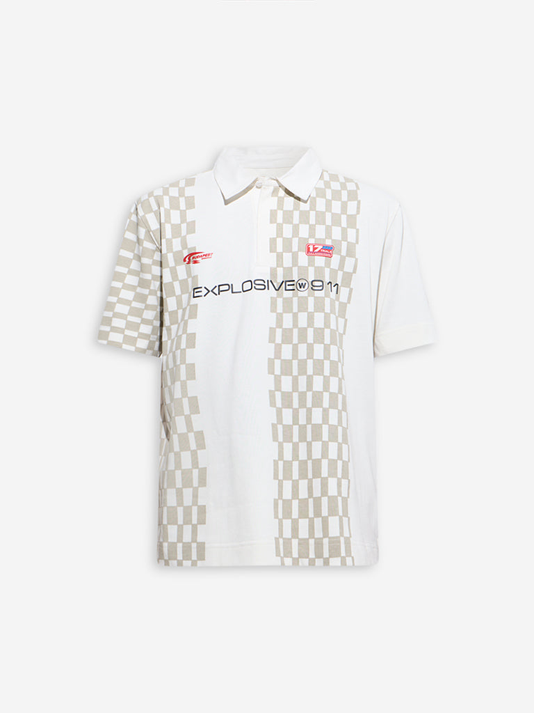 Nuon White Geometric Design Relaxed-Fit Cotton-Blend Polo T-Shirt