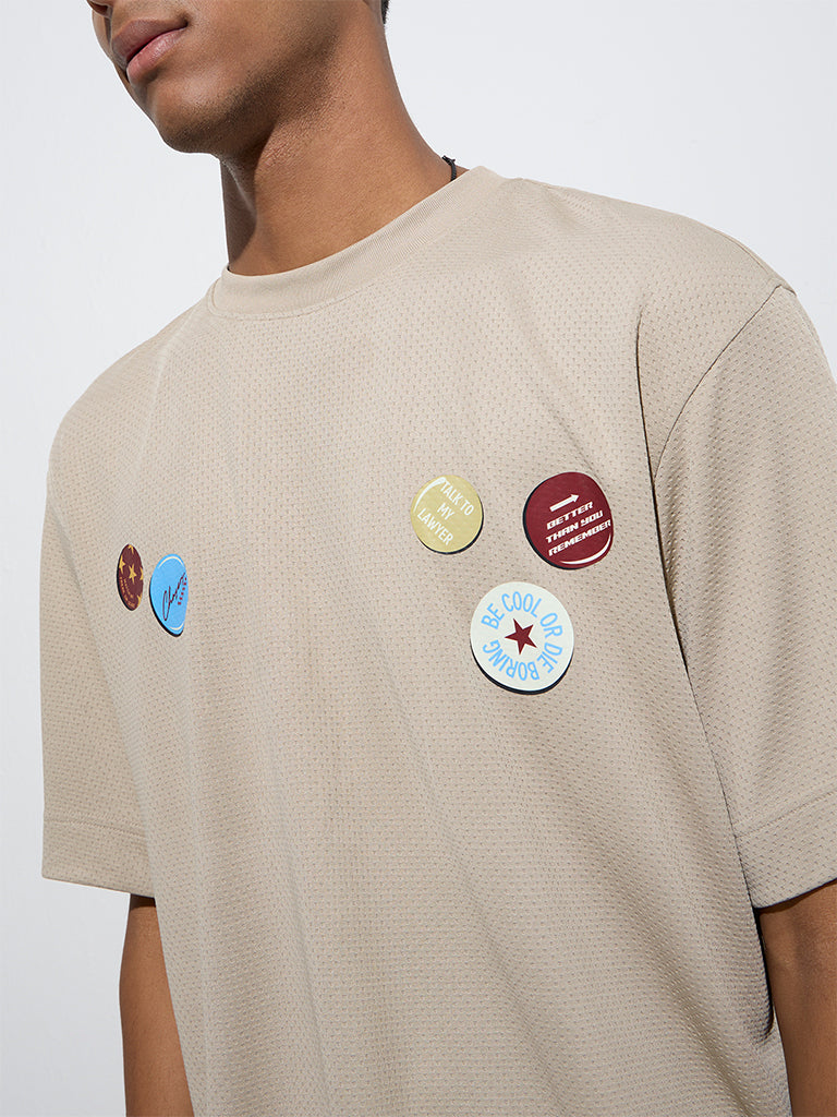 Nuon Taupe Printed Relaxed-Fit Cotton T-Shirt