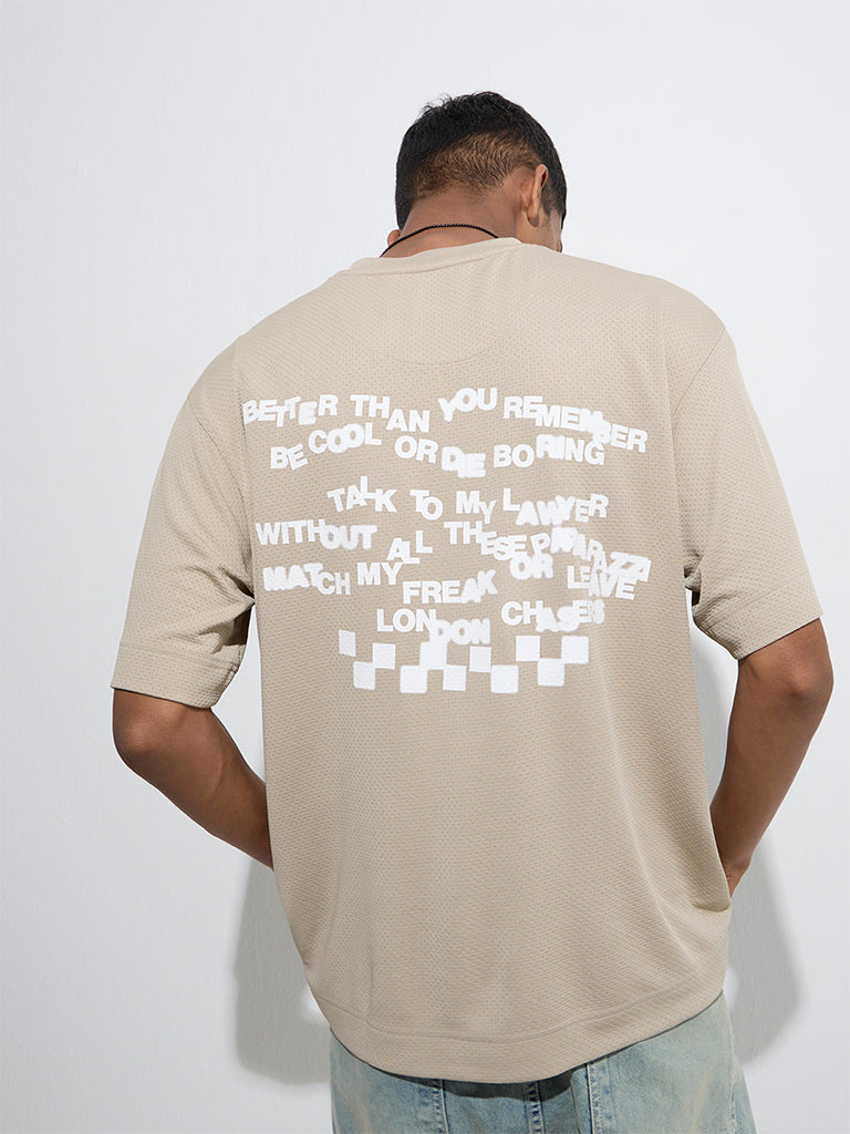Nuon Taupe Printed Relaxed-Fit Cotton T-Shirt