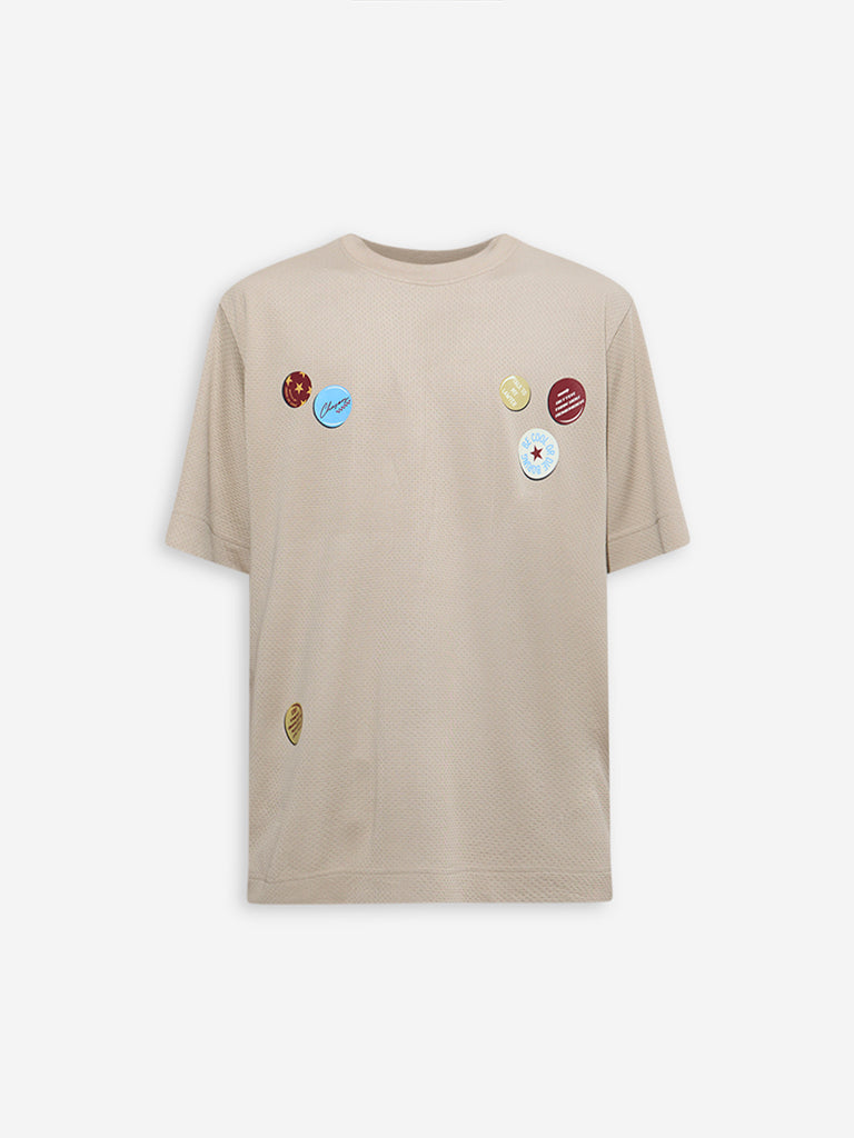 Nuon Taupe Printed Relaxed-Fit Cotton T-Shirt